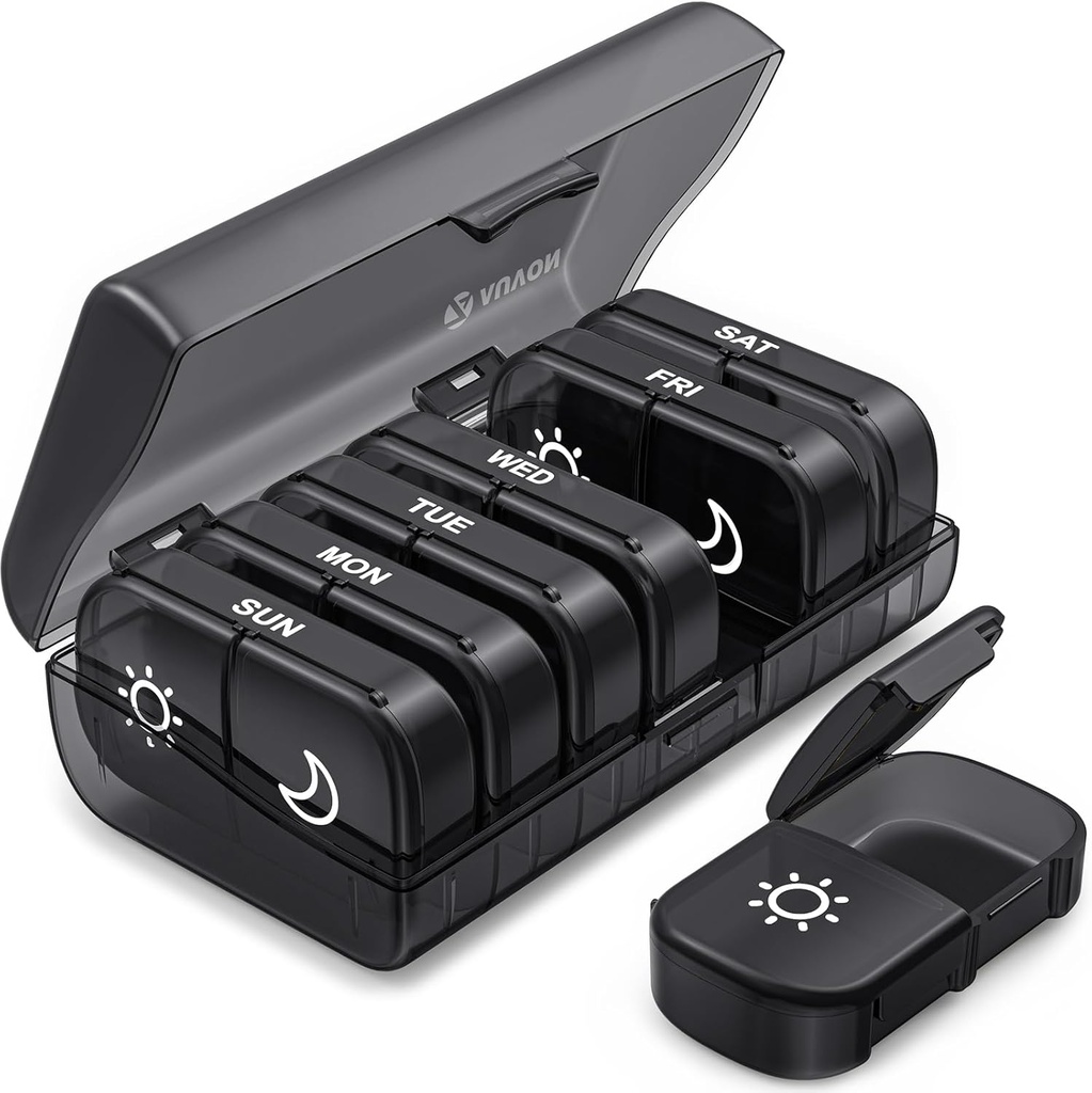AUVON XL Haftalık Pill Organizer 2 Times a Day, Pill Box 7 Day with One-Side LargeOpens for Easy to Use, Black Privacy Protection AM PM Pill Case for Drug, Vitamins, Fish Oils, Supplements