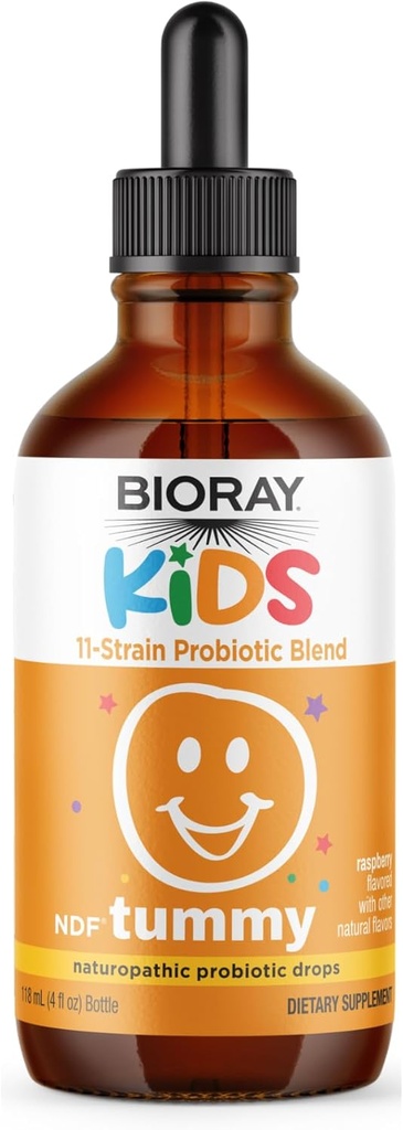 BIORAY Kids NDF Tummy, Raspberry - 4 fl oz (120 mL) - 11-Strain Probiotic Blend - Υποστηρίζει την ανοσοαπόκριση στο GI Tract - Μη-GMO, Vegan, Χωρίς γλουτένη - Περίπου. 120 Υπηρεσίες