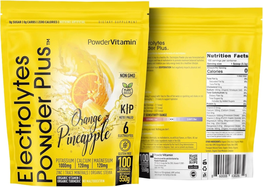 TozVitamin Electrolytes Toz Plus (100 Hizmet) Orange Pineapple Electrolyte Toz Zero Calorie, DW, 0 Sugar, No Maltodextrin,1000 mg Pyum,120 mguba,120 mg Magnezyum, Hydration Toz