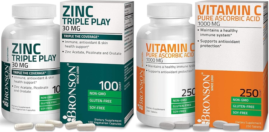 Bronson Vitamin C 1000 mg Premium Non-GMO Ascorbik asit + Bronson çinko Triple Play 30 mg Triple Coverage Immune Support çinko Supplement