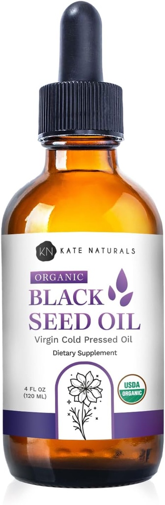 Kate Naturals Organic Black Seed Oil (4oz, Virgin, Cold Pressed, Non-GMO) Sıvı Nigella Sativa Immune Support & Digestion için. Saf Blackseed Cumin Oil for Hair and Skin
