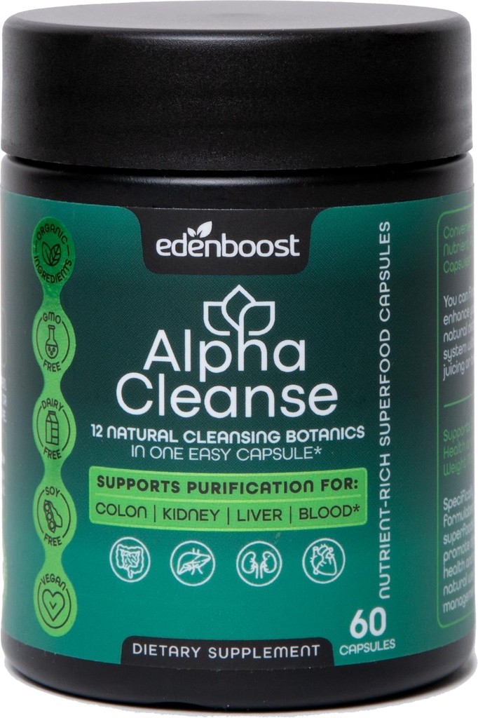 Liver Support Supplement - Advanced Detox Cleanse with 12 Organic Superfoods - Milk Thistle, Spirulina, Turmeric for Liver, Digestion, Energy - 60 Vegan Capsules - EdenBoost AlphaCleanse