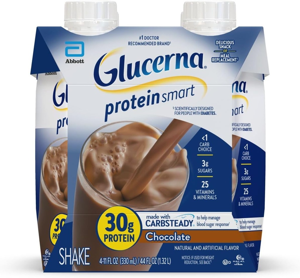 Glucerna protein Smart Diyabet Care Shake, Chocolate, Diabetic Meal Change to Support Blood Sugar Management, 30g Protein, 150 Calories, içmeye hazır, 11-fl-oz Şişe, 4 Pack