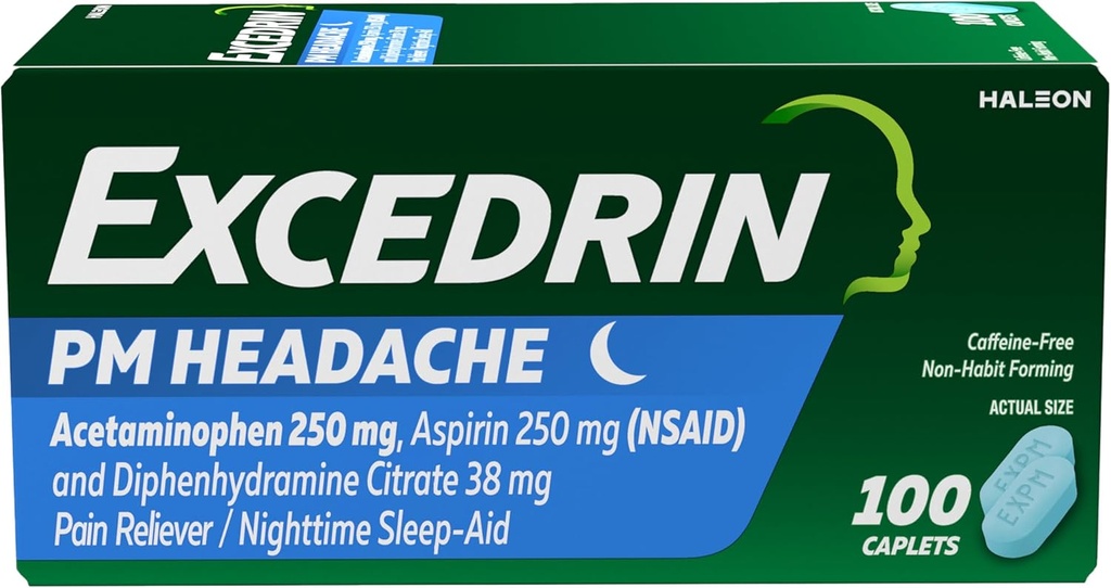Headache Relief için Excedrin PM, Acetaminophen 250 mg, aspirin 250 mg, Diphenhydramine Citrate 38 mg, Pain Reliever, Nighttime Sleep-Aid, 100 Count