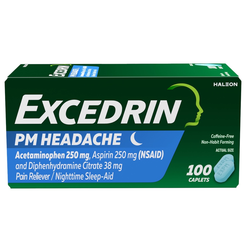 Headache Relief için Excedrin PM, Acetaminophen 250 mg, aspirin 250 mg, Diphenhydramine Citrate 38 mg, Pain Reliever, Nighttime Sleep-Aid, 100 Count
