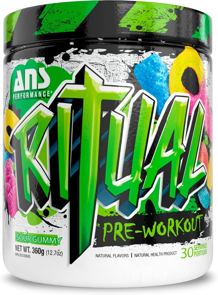 ANS Performance Ritual Preworkout (30 μερίδες, 12.7 oz) - Complete Preworkout Formula - Ενέργεια, Focus, & Strength - Αυξήστε την παραγωγή ενέργειας και τον όγκο προπόνησης - Αντοχή & Stamina (Sour Gummy)