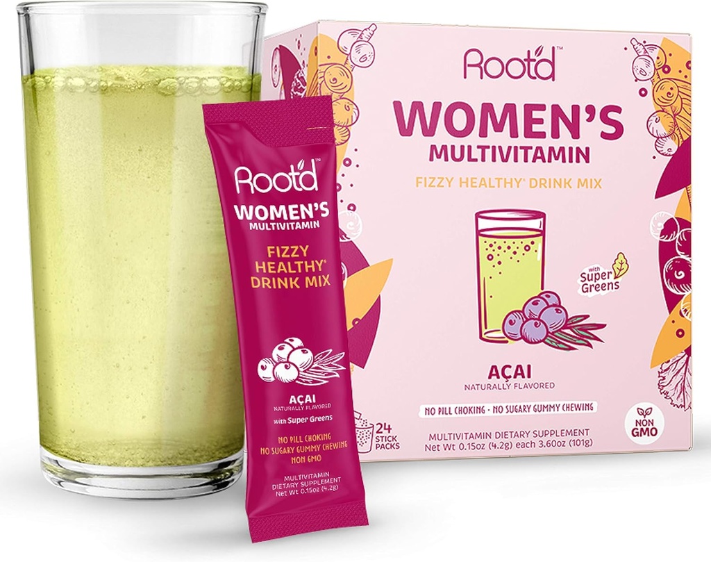 Root'd - Kadınlar için Toz Çokvitamin - 25 Vitamin ve Mineral ile | A, C, D, E, B12, B6, K, Iron, Probiyotikler, Elektrolytes, Organik Süper Yeşiller | Doğal Acai | 24 Effervescent Stick Paketleri
