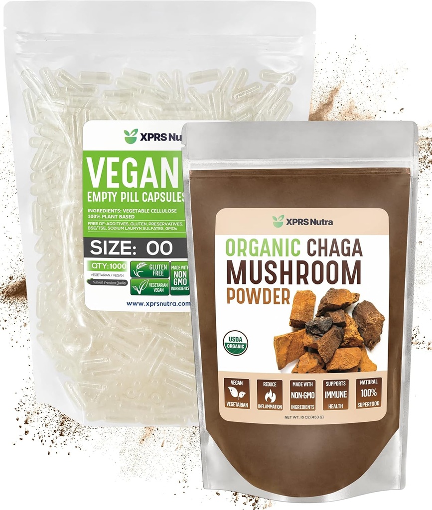 XPRS Nutra Organik Chaga Toz 16 Ounce with Scale 00 Pre-Separated Boş Kapsüller (1000 Kont)