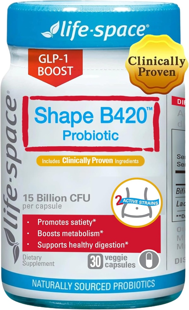Life-Space Shape B420 Probiyotiks for Shape Better, GLP-1 Boost, Klinik olarak Geri Döndü Metabolism Desteği, Kadınlar ve Erkekler için Probiyotikler, 30 Vegetarian Capsules