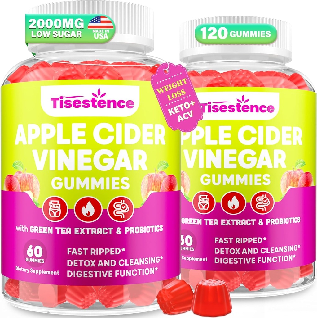 Apple Cider Vinegar Gummies, Keto ACV Gummies for Women and Men, Apple Cider Vinegar Supplement with Green Tea, B12, Probiyotik for Detox Cleanse, Metabolism & Digestive Health, Vegan - 2 Ay Supply