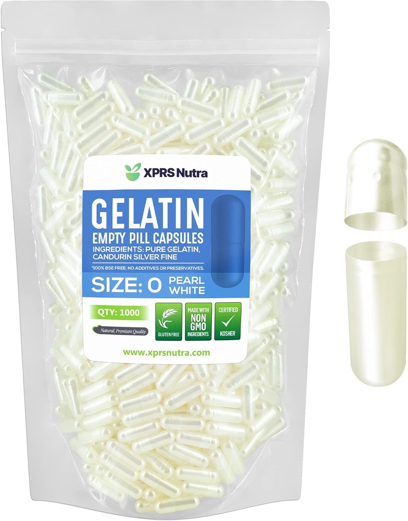 XPRS Nutra Boyutu 0 Boş Kapsüller - 1000 Kont Boş Gelatin Capsules - Pills DIY Capsule - Pure Bovine Pill Gel Caps For Do-It- Yourself Supplements (Pearl White)