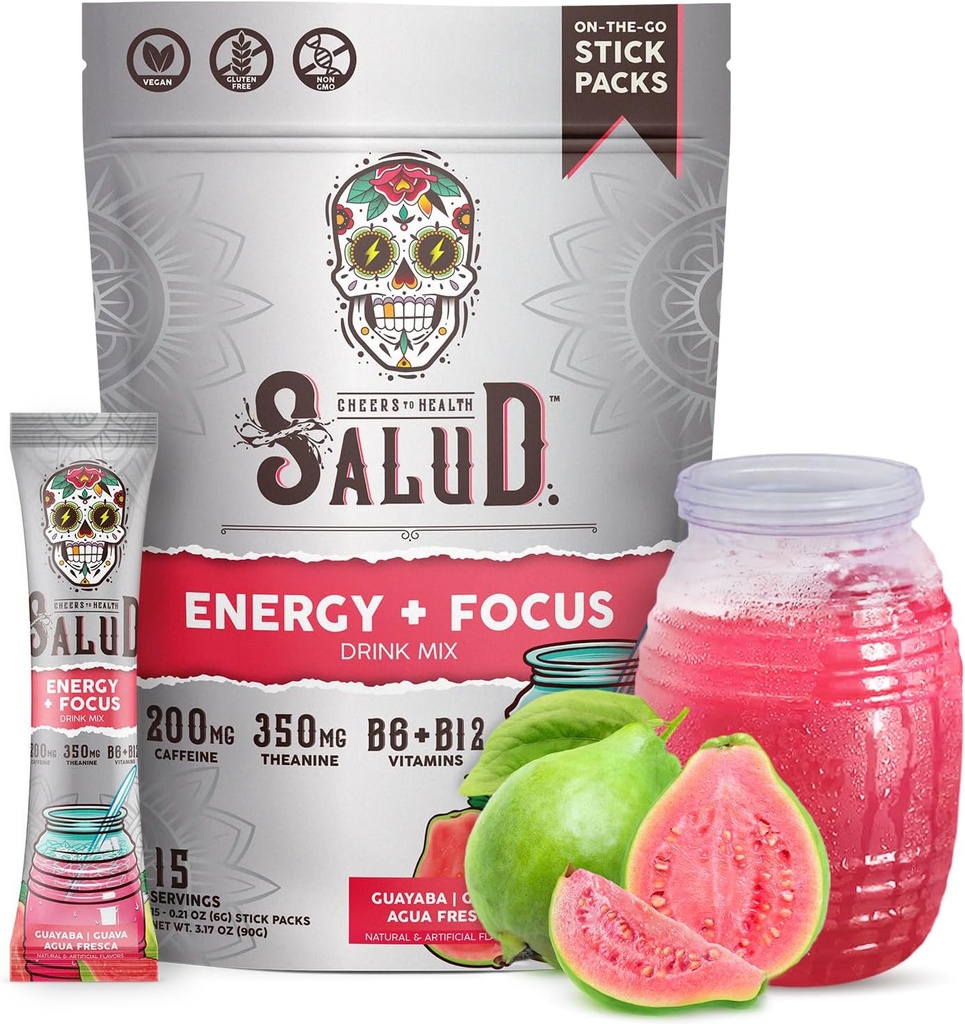 Salud 2-in-1 Energy Drink Powder + Focus, Guava, Organic Caffeine, B6 + B12, Theanine, Καθαρή ενέργεια Ποτό Packets, Guayaba Agua Fresca Mix, Μη ΓΤΟ, Χωρίς γλουτένη, Vegan, 1g Ζάχαρη, (15 υπηρεσίες)