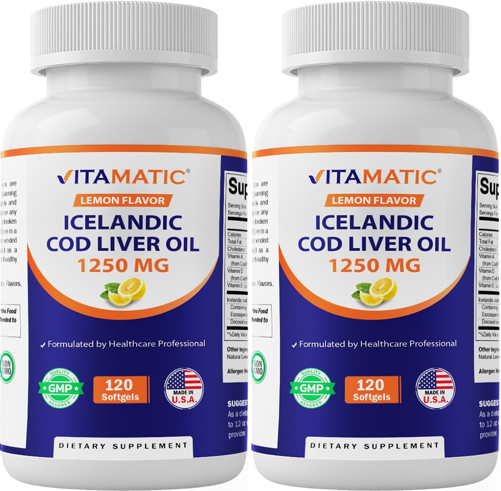 Vitamatic 2 Pack İzlandalı Cod Liver Oil Capsules 1250 mg 120 Softgels (Lemon Flavor) - Cardiovascular Health