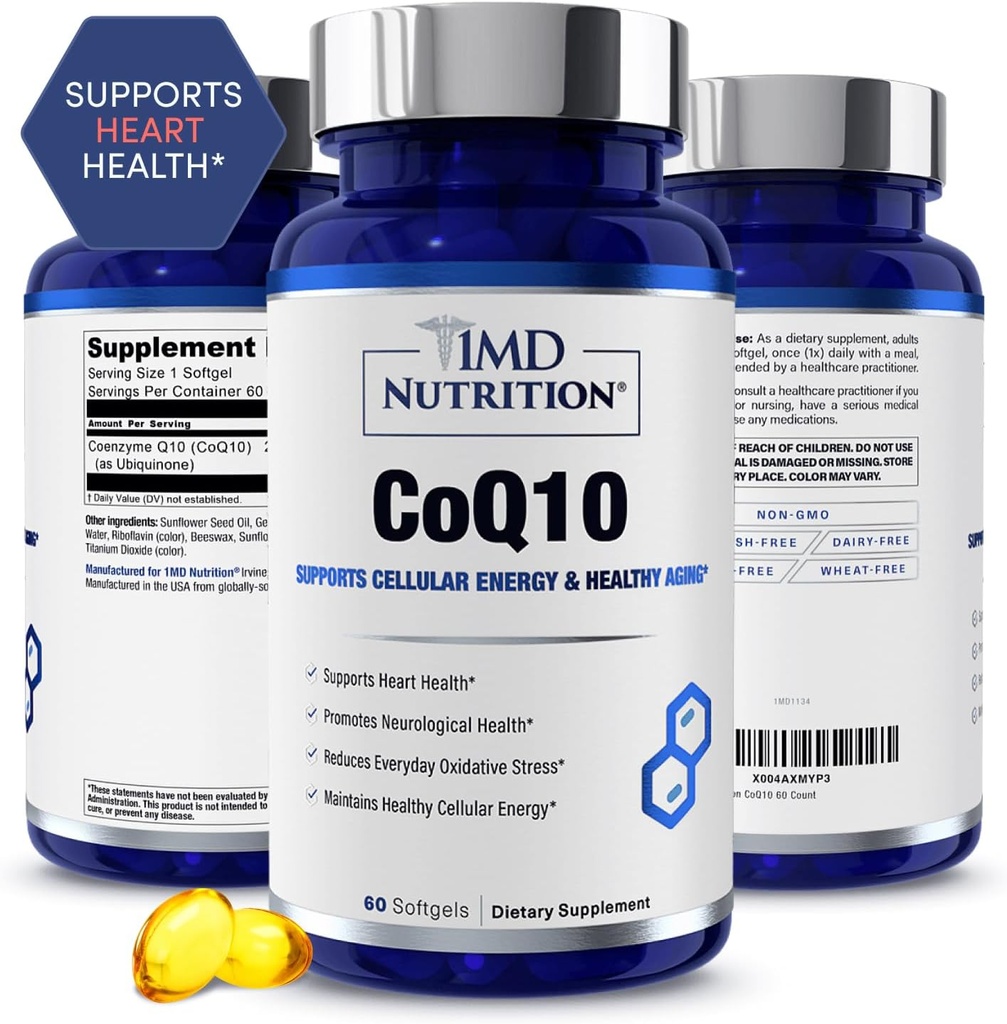 1MD Διατροφή CoQ10 - για την καρδιακή υγεία & κυτταροειδής παραγωγή ενέργειας - Συμπλήρωμα υγείας για άνδρες και γυναίκες - συνένζυμο Q10 Softgel - 60 ημέρες