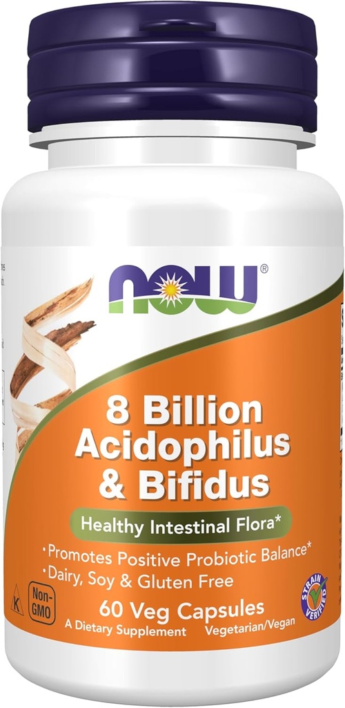 NOW Συμπληρώματα τροφίμων, 8 δισ. Acidophilus & Bifidus, γαλακτοκομικά, σόγια και γλουτένη, Striin Επαληθευμένο, 60 κάψουλες Veg