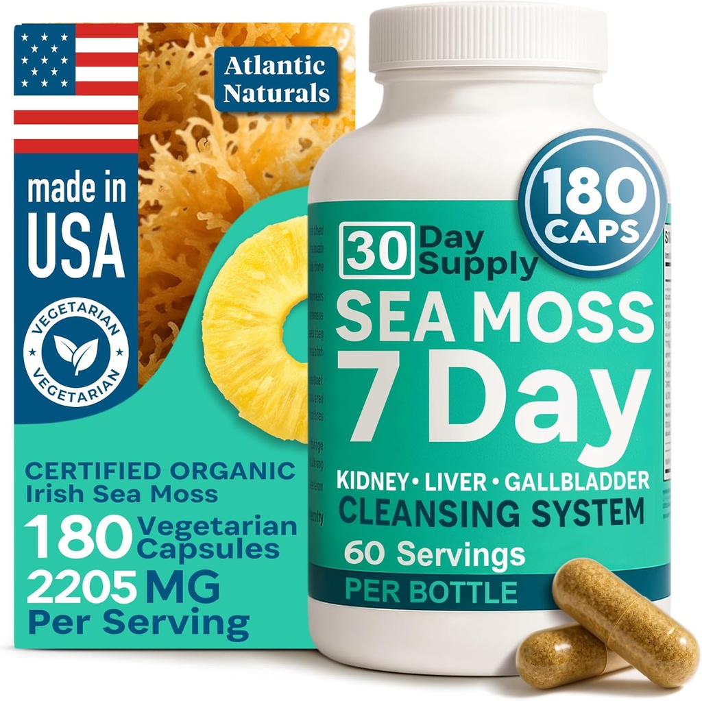 Atlantic Naturals Sea Moss Κάψουλες – 7 ημέρες βοτανική ανάμειξη για το συκώτι και τη χοληδόχο κύστη ευεξία – με ρίζα Dandelion, γαϊδουράγκαθο γάλακτος, ρίζα Burdock, κόκκινο Clover & Chanca Piedra – 180 Count Sea Moss κάψουλες