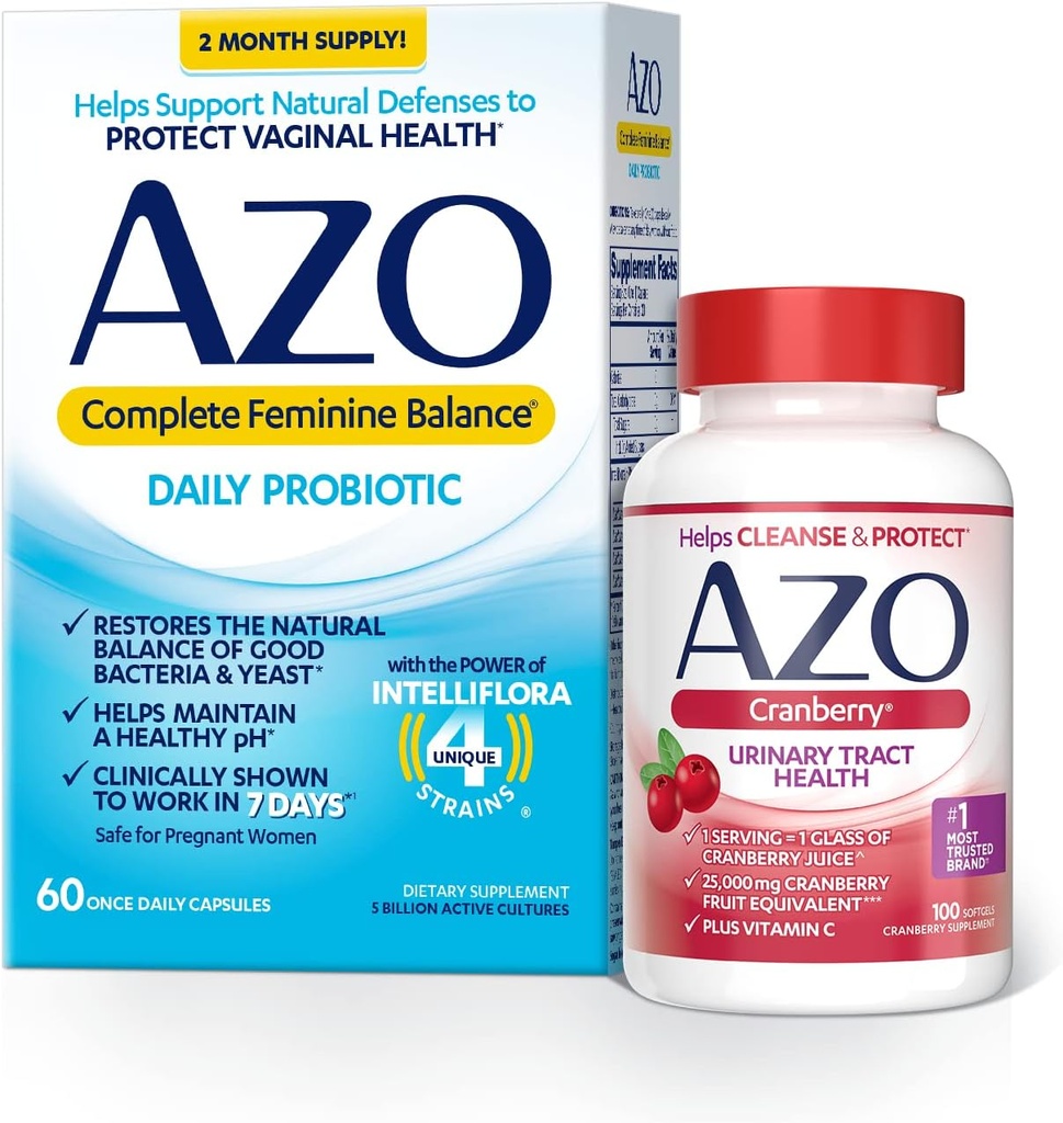 AZO Complete Feminine Balance Daily Probiyotiks for Women (60 Count) + Cranberry Softgels for Urinary Tract Health (100 Count)