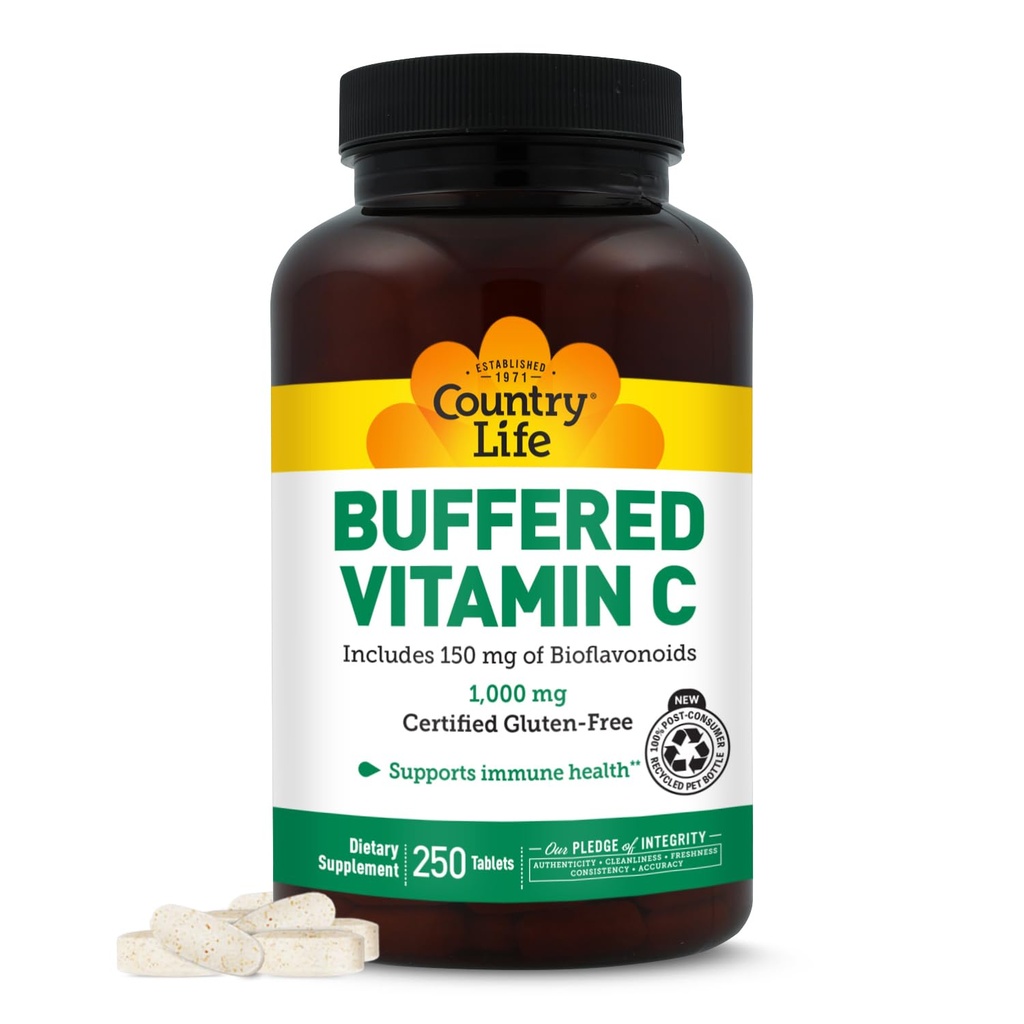 Country Life Buffered Vitamin C 1000mg with Bioflavonoids, Calcium, Magnesium, Potassium - Immune Support, Vegan Capsules, Gluten-Free, Gentle on Stomach - 250 Tablets