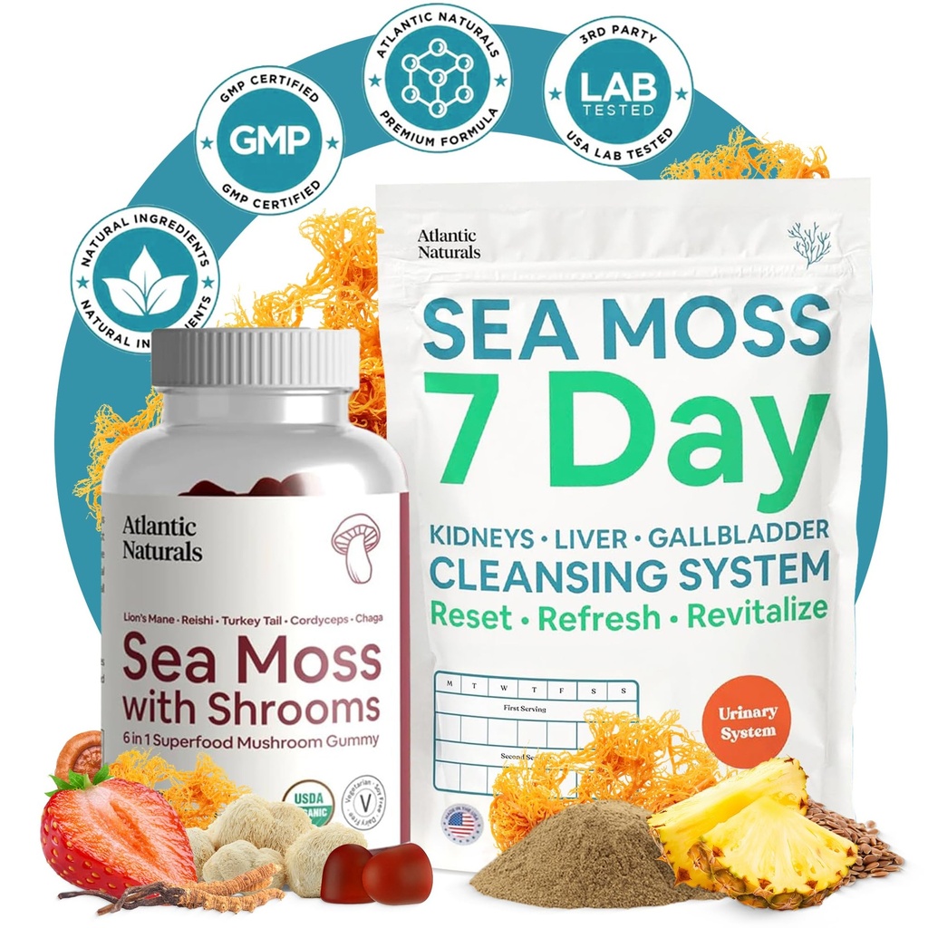 Atlantic Naturals Sea Moss Superfood Bundle - Sea Moss με Shrooms Gummies & 7-Day Kidney, Liver & Gallbladder Cleanse - Defense, Focus & Detox Support - Lion's Mane, Reishi, Dandelion Root & More