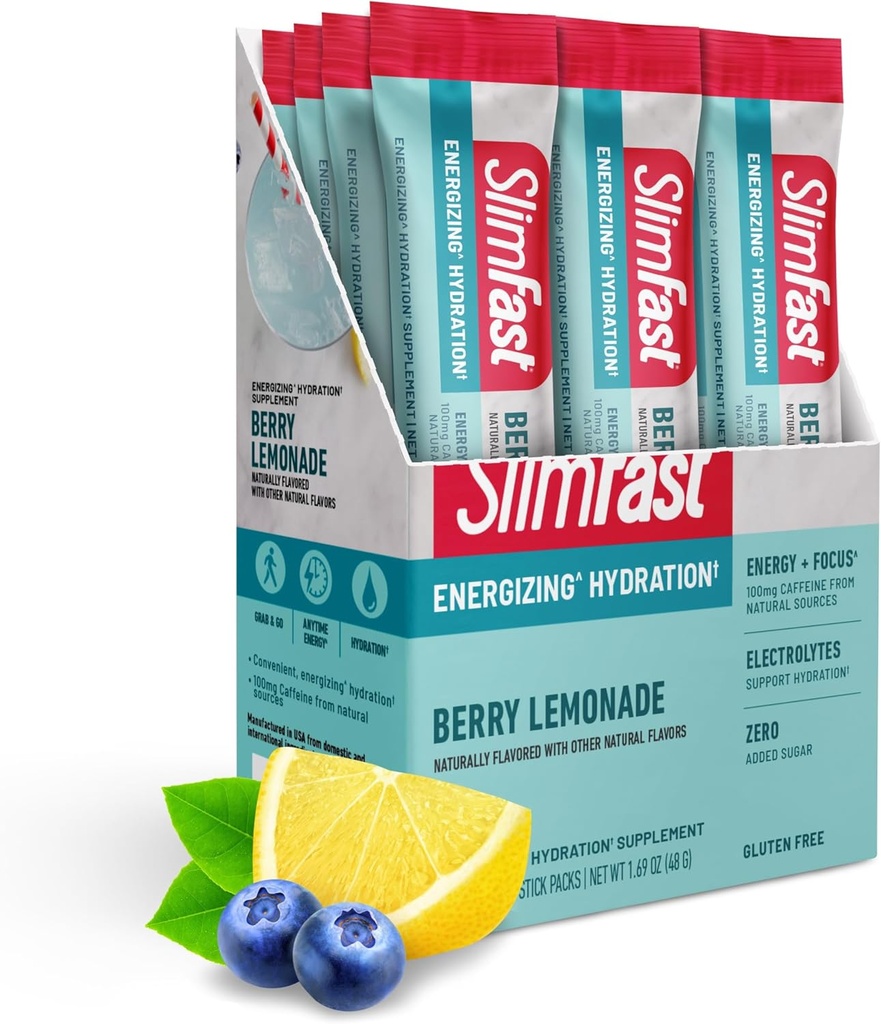 SlimFast Hydration Packets, Διαλείπουσα Νηστεία Ηλεκτρόλυτες, Συσκευασίες Μείγματος Ποτού, Διαλείπουσα Σκόνη Νηστείας, Ενεργειακό Μείγμα Ποτού σε Σκόνη, Καφεΐνη, Ηλεκτρόλυτες για Ενυδάτωση, Λεμονάδα Berry (12 Μέτρα)