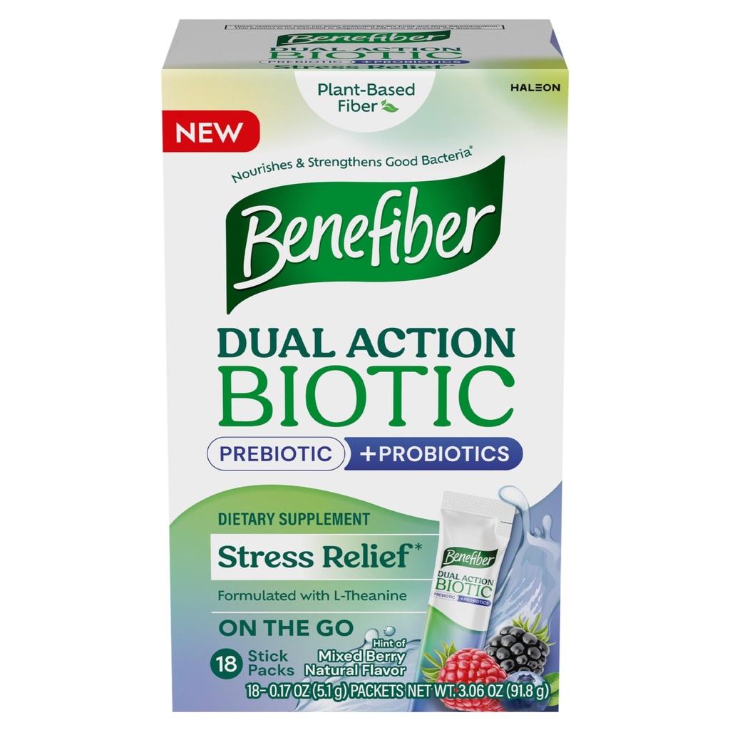 Benefiber Dual Action Biotic Plus Stress Relief, 18 Kont Stick Packs