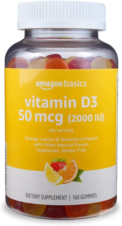 Βασικά Βιταμίνη D3 2000 IU Gummies, Πορτοκαλί, Λεμόνι & Φράουλα, 160 Count (2 ανά υπηρεσία) (Πρώην Solimo)