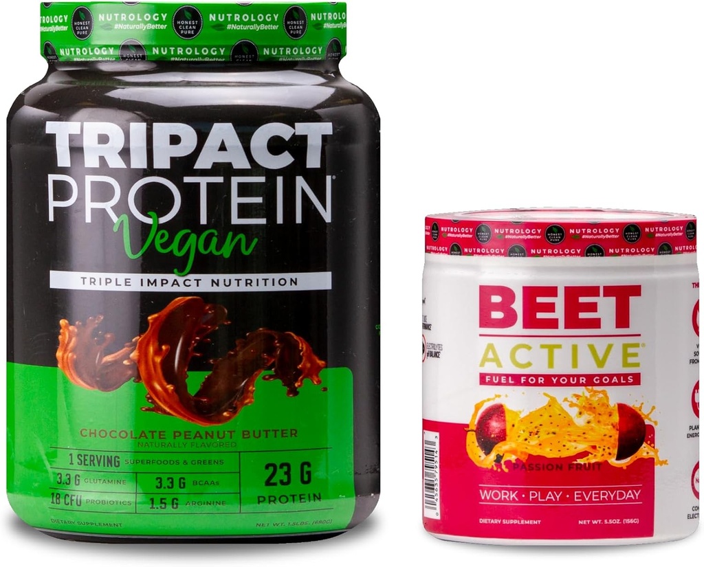 Nutrology TRIPACT Vegan Protein Powder, for Vegan Protein Shakes, Chocolate Peanut Butter (20 Servings) & Beet Active, Passion Fruit Flavor (30 Servings)