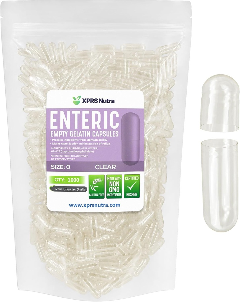 XPRS Nutra Μέγεθος 0 Κενές κάψουλες - 1000 Count Clear Enteric Coated Empty Gelatin Κάψουλες - χάπια καθυστερημένης αποδέσμευσης - DIY Capsule Filling - Pure Bovine Empty Enteric Gel Caps