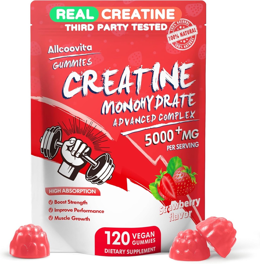 Creatine Monohydrate Gummies Complex για άνδρες & γυναίκες,5 Gram ανά υπηρεσία ηλεκτρολύτη Creatine Gummy για μυϊκή δύναμη, μυς Builder, ενέργεια Boost, πριν την προπόνηση συμπλήρωμα-120 Φράουλα Gummies