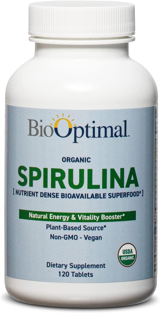 BioOptimal Organik Spirulina Tabletleri - Organik, Non-GMO, Hiçbir Katkı veya Ayırmacılar - Vitaminlerle 500 mg Premium Kalite Diyet Supplement, Minerals, & Antioksis (120 Tablet)