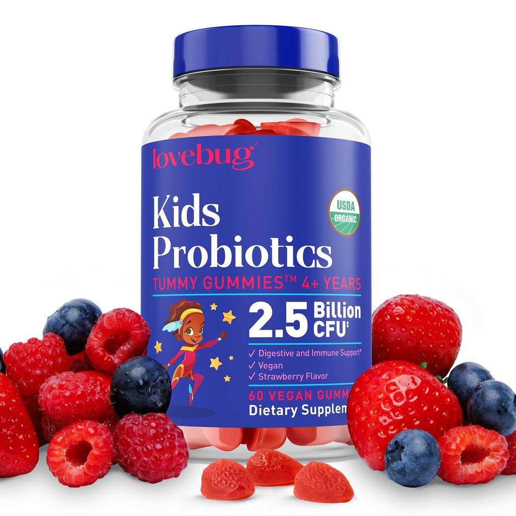 LOVEBUG Kids Probiyotik Gummies – Organik Chewable Probiyotikler for Kids Aged 4+, Soil-Based Children's Probiyotik for Gut Health,Constipation,Digestive & Immune Support, Vegan, 60 Chews, Strawberry