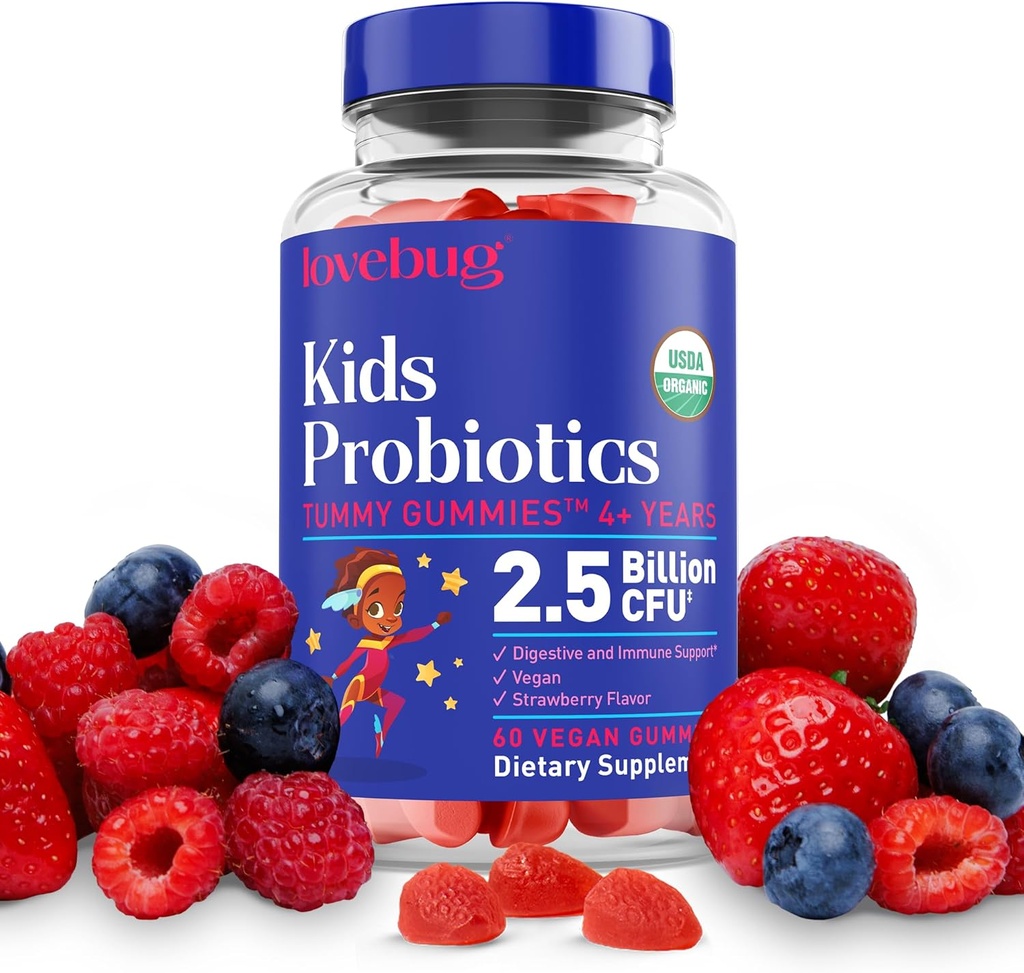 LOVEBUG Kids Probiyotik Gummies – Organik Chewable Probiyotikler for Kids Aged 4+, Soil-Based Children's Probiyotik for Gut Health,Constipation,Digestive & Immune Support, Vegan, 60 Chews, Strawberry