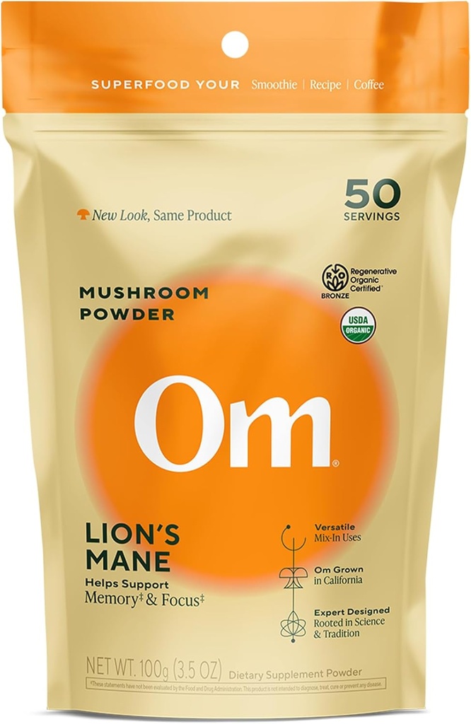 Om Lion's Mane Mushroom Toz - Organik Mushroom Supplement and Nootropic - Support Memory, Focus and Nerve Health, 3.5 oz (50 hizmet)