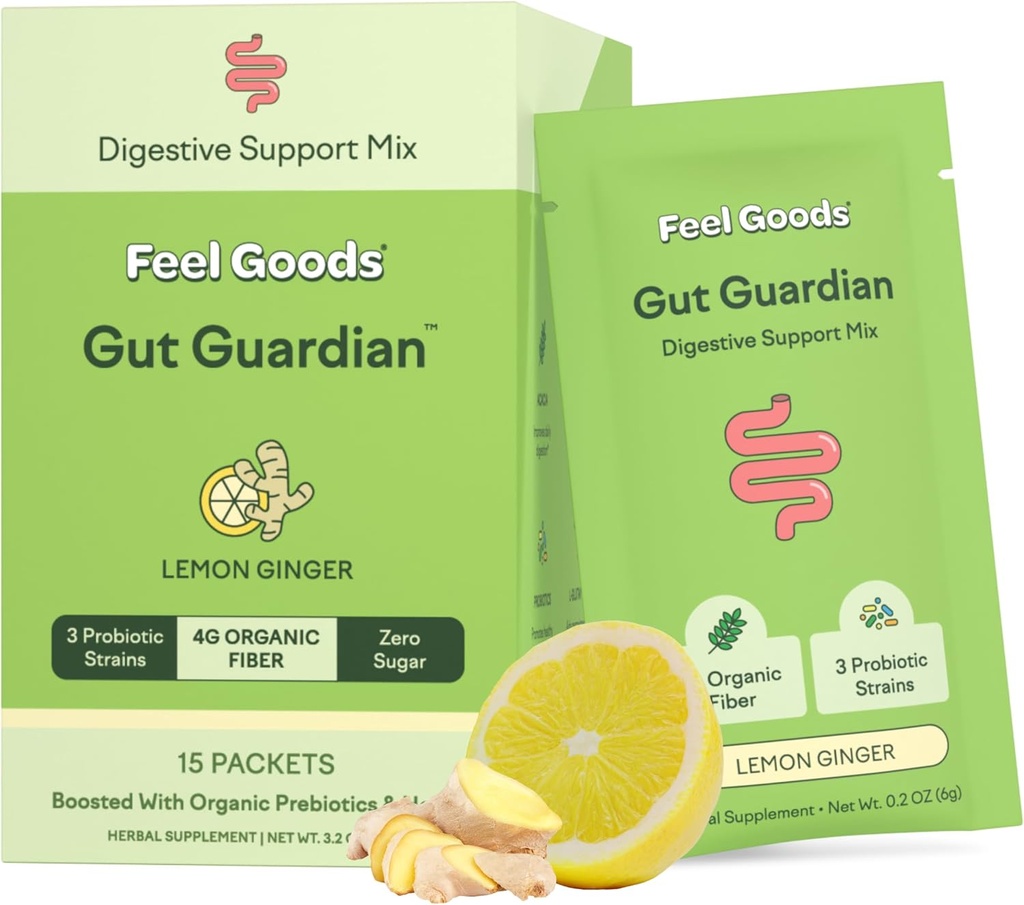 Goods Gut Guardian, Organik Fiber, Probiyotik & Prebiyotik Toz, Sugar Free, Herbs for Bloat, Gut Health Support, Digestive Health for Men & Women, Non GMO, Vegan, Lemon Ginger, 15 Count