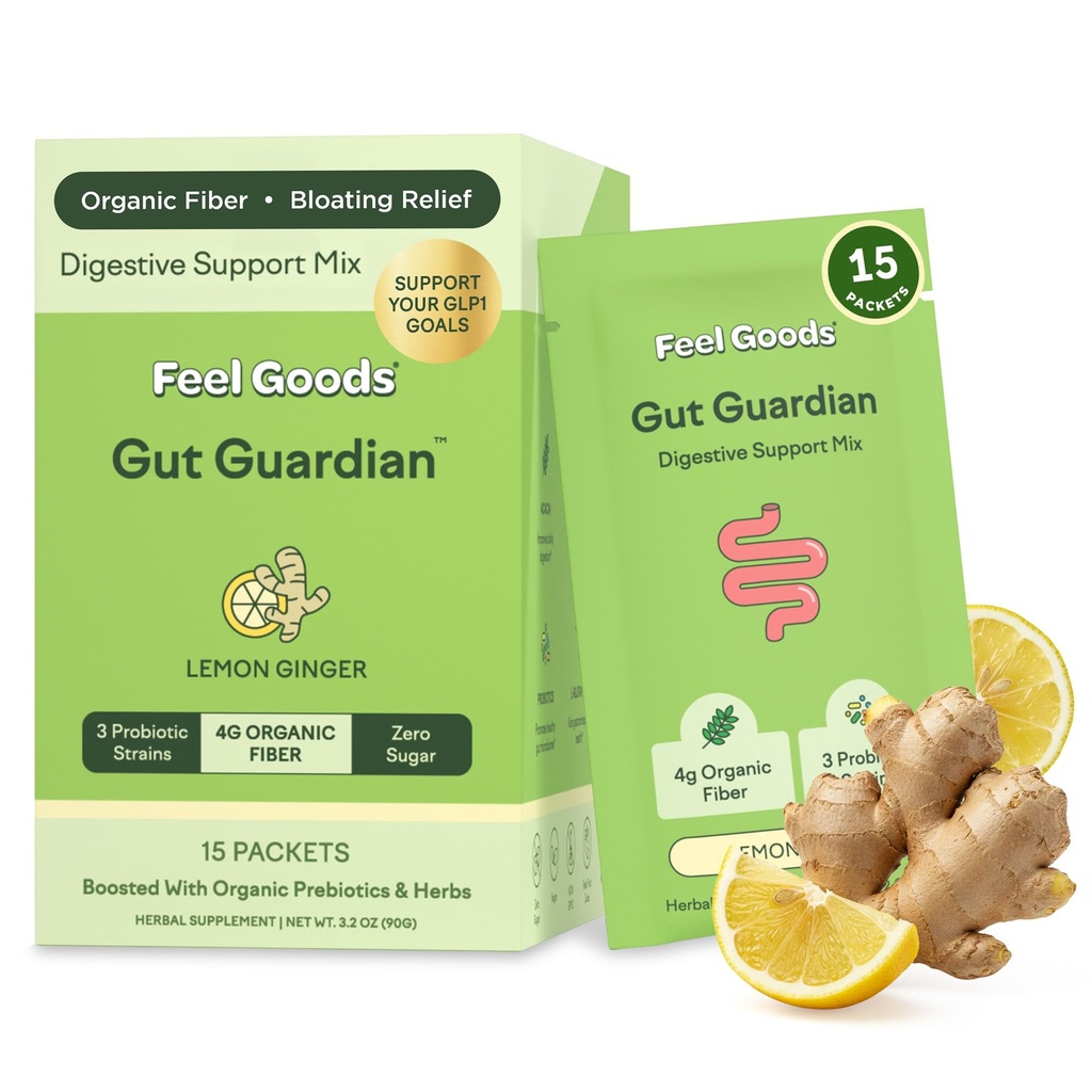 Goods Gut Guardian, Organik Fiber, Probiyotik & Prebiyotik Toz, Sugar Free, Herbs for Bloat, Gut Health Support, Digestive Health for Men & Women, Non GMO, Vegan, Lemon Ginger, 15 Count