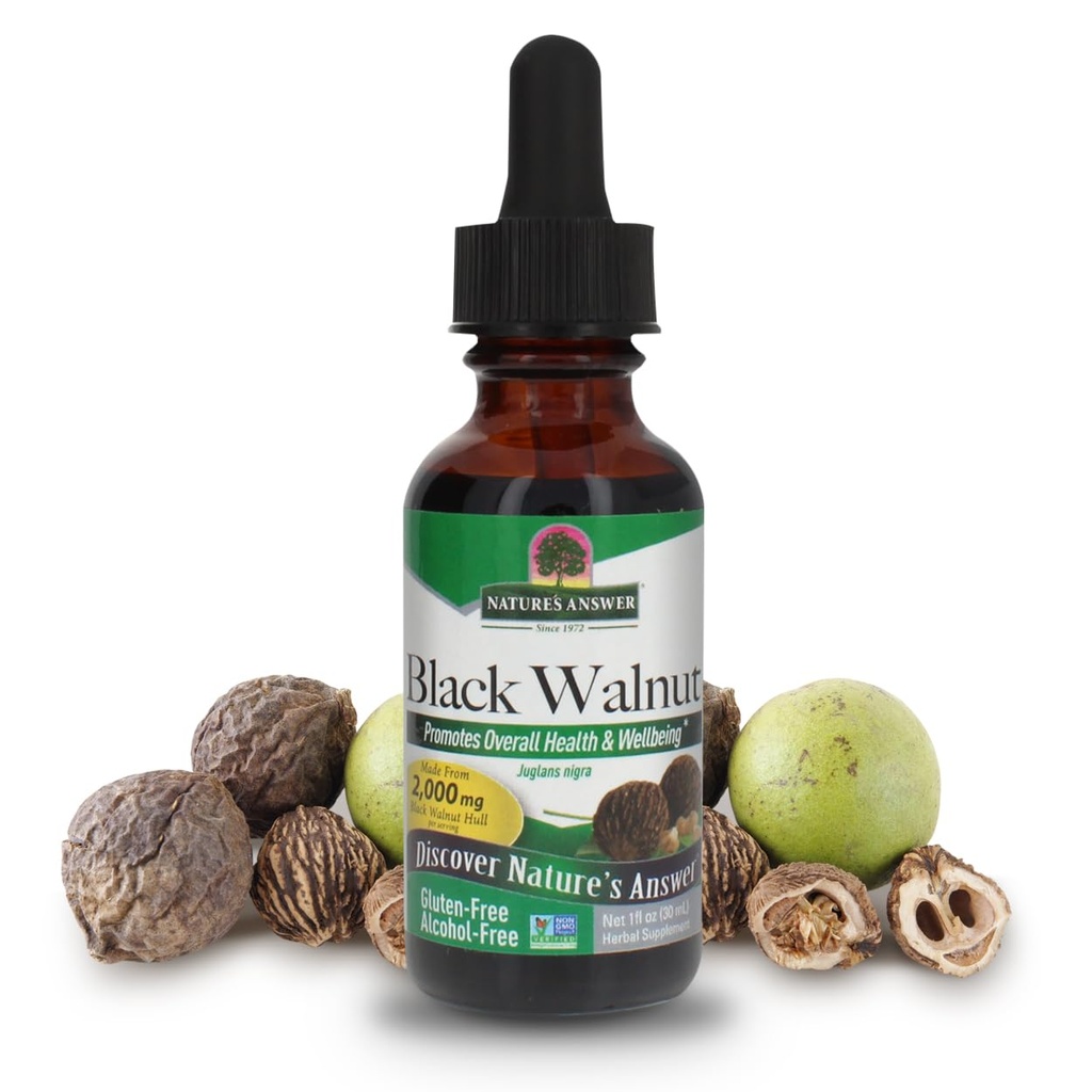 Nature's Answer Black Walnut Hull Extract Alkol Ücretsiz 1 Akış Ounce | Natural Cleanser | Genel olarak İyilik | Gluten-Free | Non-GMO | Vegan | Single Count