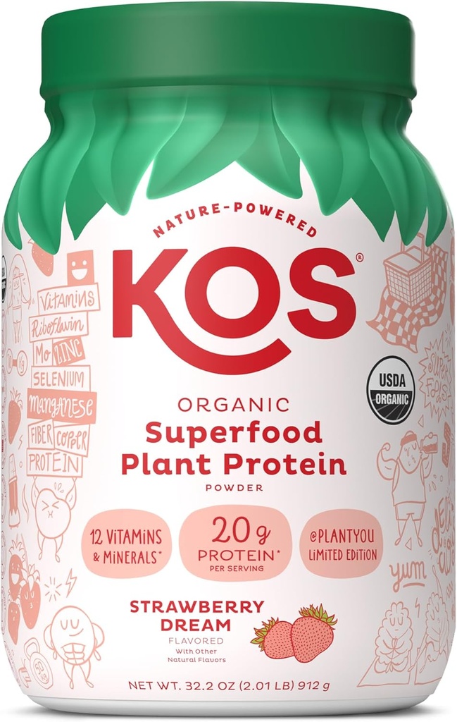 KOS Limited Edition Plant Protein Toz, Strawberry Dream - Organik Pea proteini, Bayanlar ve Erkekler için Vegan Superfood Zengin - Süt Değil, Soy, Gluten - 24 Hizmetler