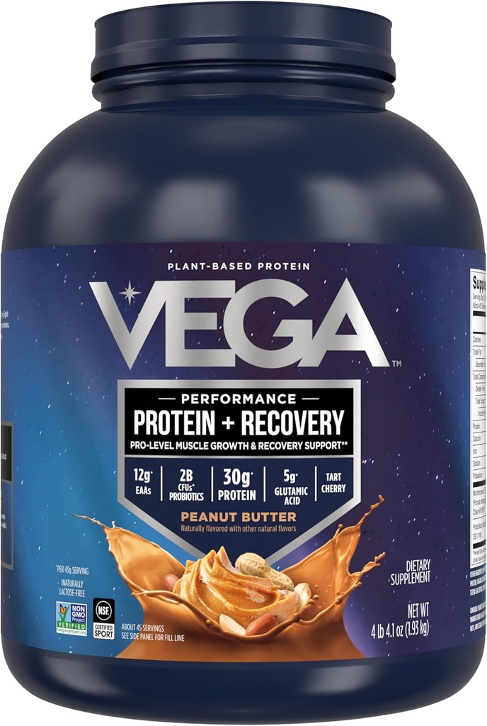 Vega Sport Vegan Protein Toz + Recovery - 30g Plante Tabanlı Proteinler, Peanut Butter, 45 Hizmet, 5g BCAAs, Probiyotikler, NSF sertifikalı, Shakes & Smoothies, 4.2lbs (Pazar Mayıs Vary)