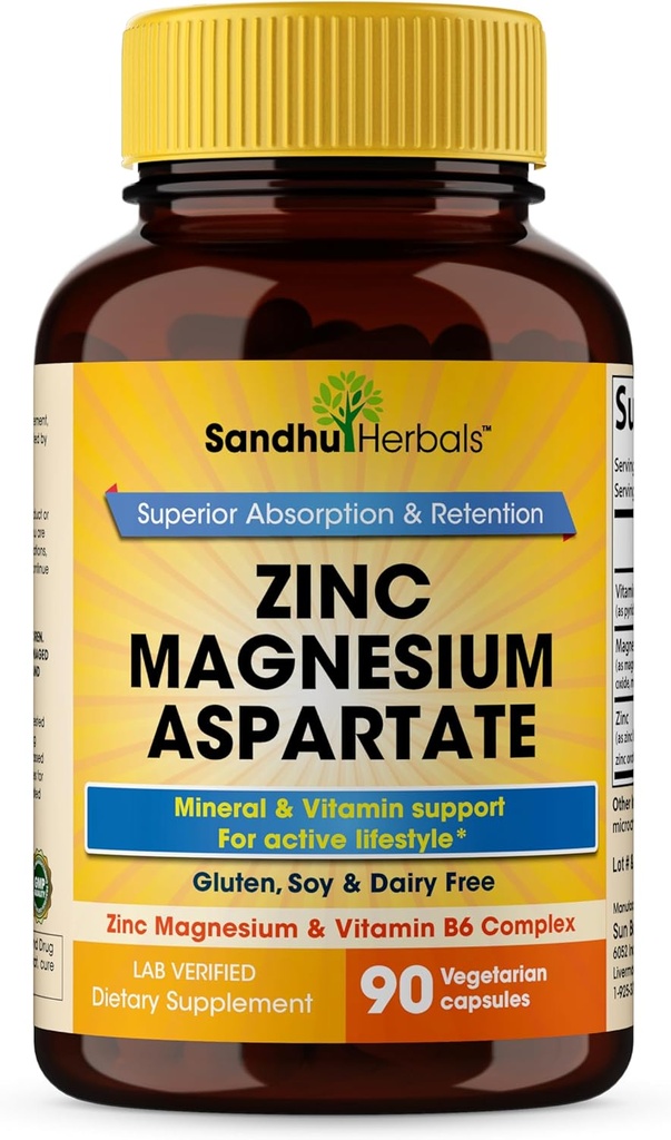 SANDHUHERBALS Magnezyum çinko Aspartate Supplement 90 Capsules / Vitamin B6 & çinko | Yüksek Aborpsiyon, Uyku ve Immune Desteği | Erkekler ve Kadınlar için |