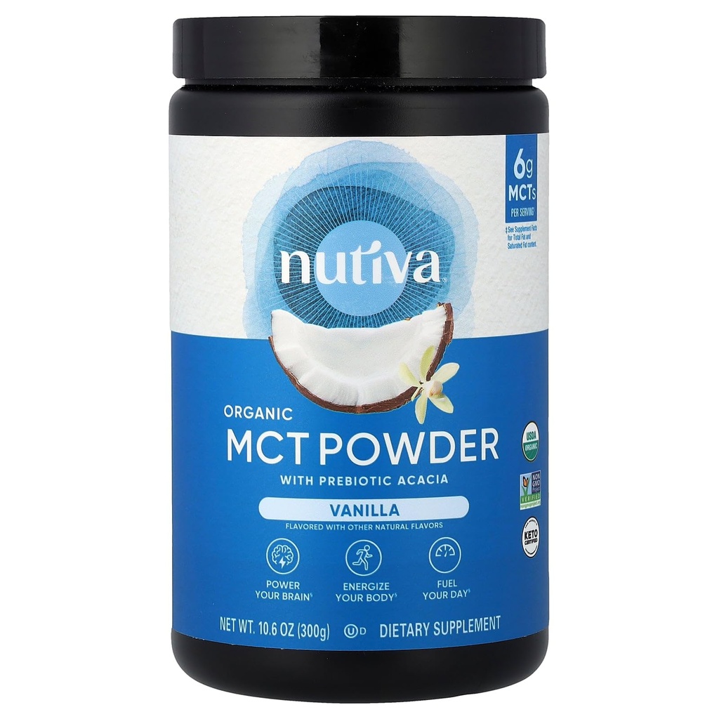 Nutiva Organik MCT Toz Prebiyotik Acacia Fiber, Vanilla, 10.6 Oz, USDA Organik, Non-GMO, Non-BPA, Vegan, Gluten-Free, Keto & Paleo, Instant İçecek veya Kahve ve Smoothies Güçlendirme