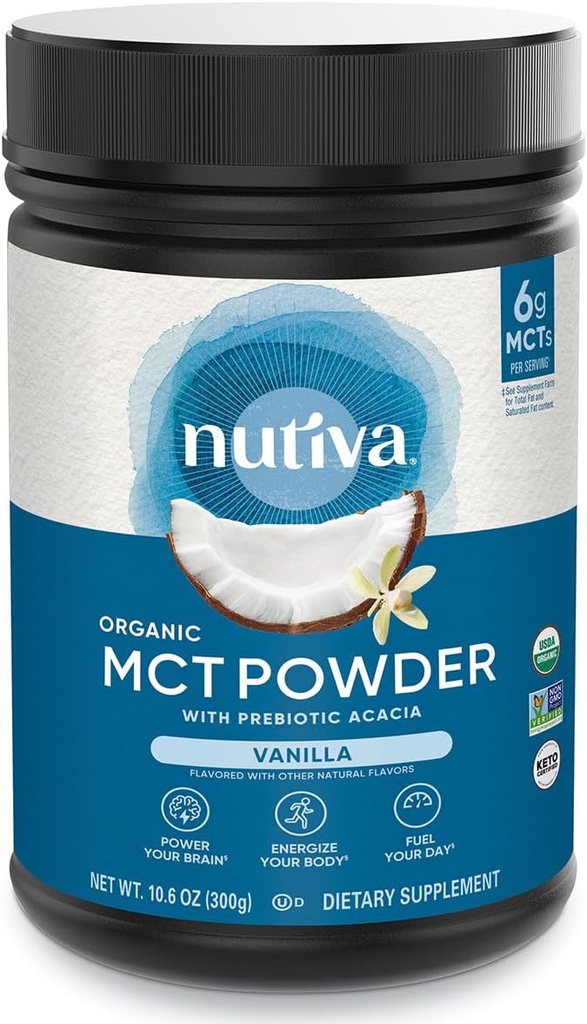 Nutiva Organik MCT Toz Prebiyotik Acacia Fiber, Vanilla, 10.6 Oz, USDA Organik, Non-GMO, Non-BPA, Vegan, Gluten-Free, Keto & Paleo, Instant İçecek veya Kahve ve Smoothies Güçlendirme