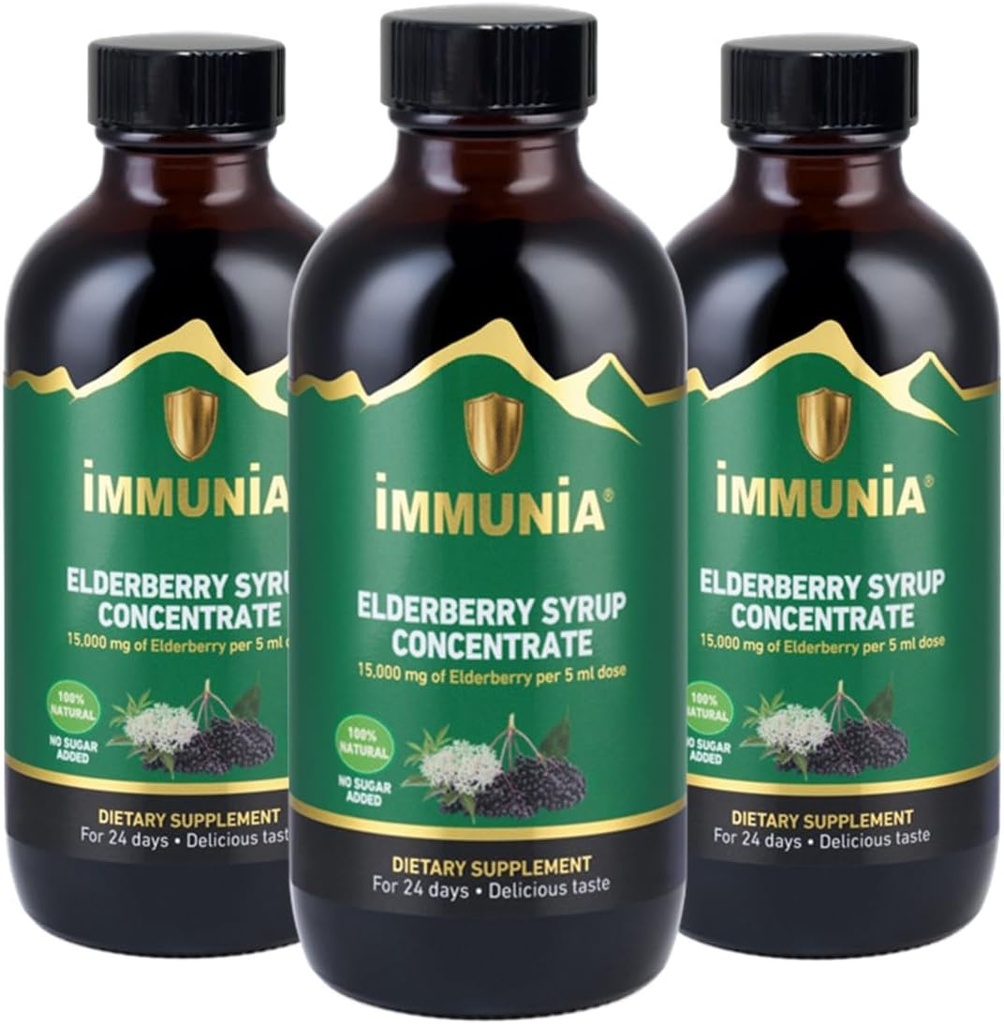 Immunia Elder Syrup Immune System'i güçlendirmeye yardımcı olur. Elderberry Temp with Elderflower, Thyme ve Peppermint. 24 Gün/Bottle. (3-Pack)
