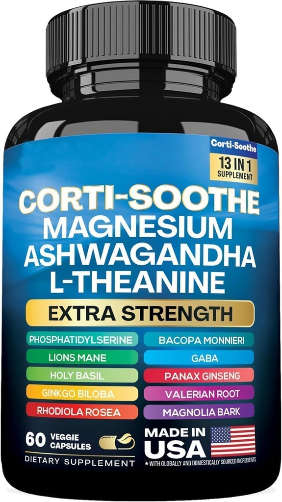 Corti-Soothe Cortisol Supplement,Magnesium Glycinate 200 mg L-Theanine 150 mg Ashwagandha 150 mg Phosphatidylserine Cortisol Manager Lions Mane G Biloba Bacopa Monnieri Valerian Root (60 Caps)
