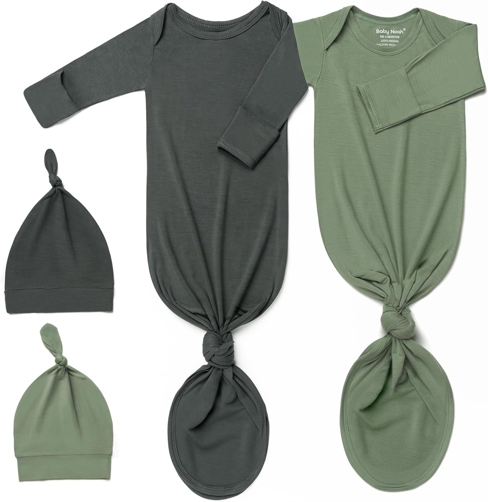 2Pack Knotted Gown Baby, Super Soft Long arms Newborn Hospital Outfit Boy Girl Coming Home, built-In Mittens Wear