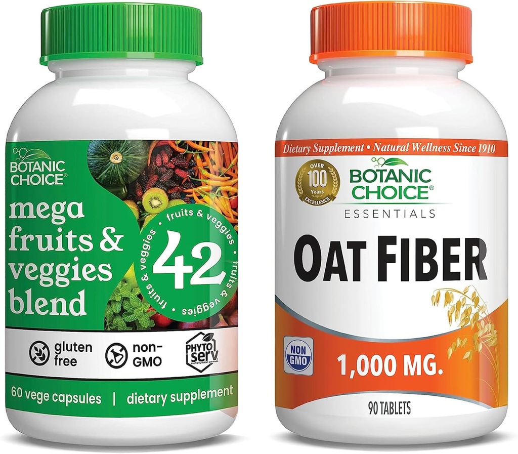 Botanic Choice Mega Fruits and Veggies Mix (60 Capsules) + Oat Fiber (90 Tablet) Sche - Enerji Denge & Superfood Supplement + Digestive Health Support & Superfood Supplement + Digestive Health Support