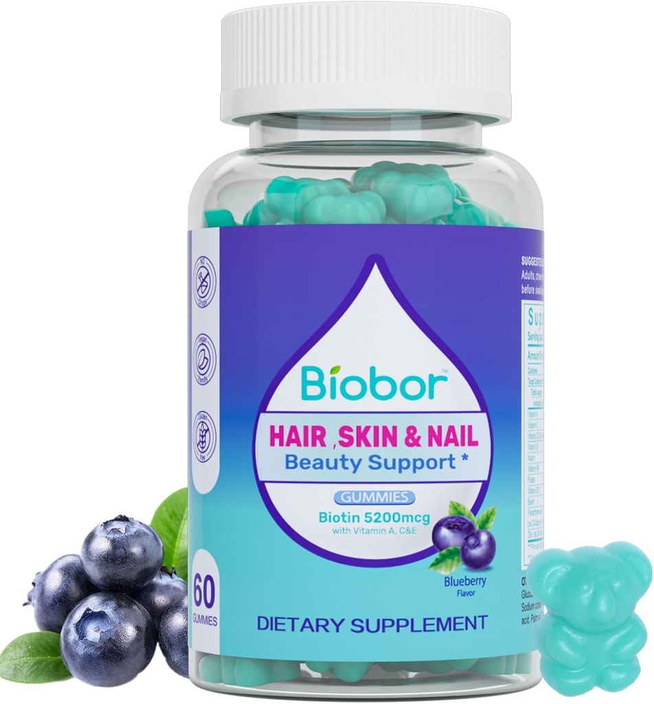 Hair Skin and Nails Vitamins Gummies,5200 mcg Biotin Vegan Chewable Supplement for Women Men with Vitamins A C D E, Blueberry Flavored, 60 Count (Random Packing)