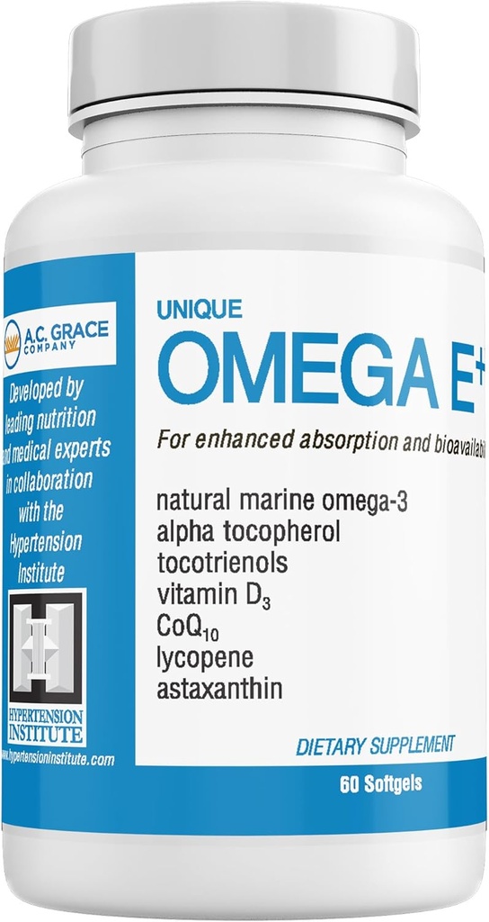 UNIQUE E A.C. Grace Company Omega E + - Fish Oil Supplement - Marine Omega-3 Fatty Acids, Vitamin E, Vitamin D3 ve CoQ10 - Kalp, Beyin ve Skin Health - 60 Softgels