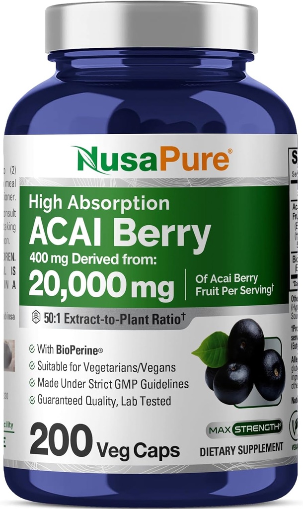 NusaPure Acai Berry 50: 1 Extract, 400 mg Ισοδύναμο με 20.000 mg 200 Veg Caps Κατάλληλο για χορτοφάγους, μη ΓΤΟ Βιοπερίνη
