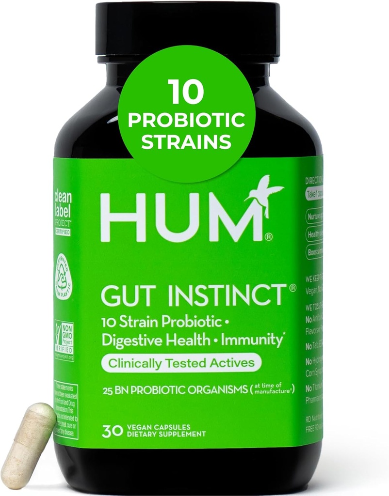 HUM Gut Instinct Daily Probiyotiks for Women and Men, Digestive Health, Lactobacillus, Bifidobacterium Strains for Immune Support, Probiyotik Supplement for Health Gut Diversity, 30 Capsules