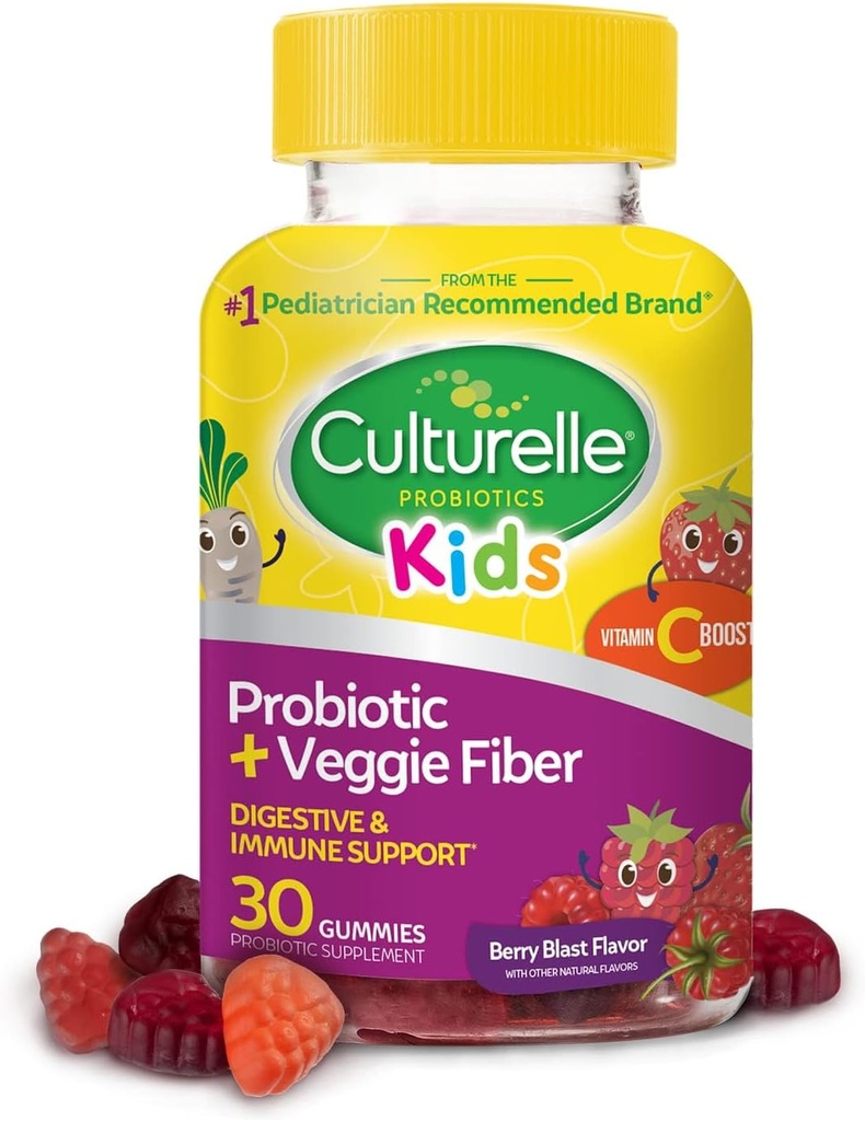 Çocuklar için Kültürlü Günlük Probiyotik + Veggie Fiber Gummies (Ages 3+) 30 Count Berry Flavor - Digestive Health & Immune Support Plus Vitamin C Kids Boost